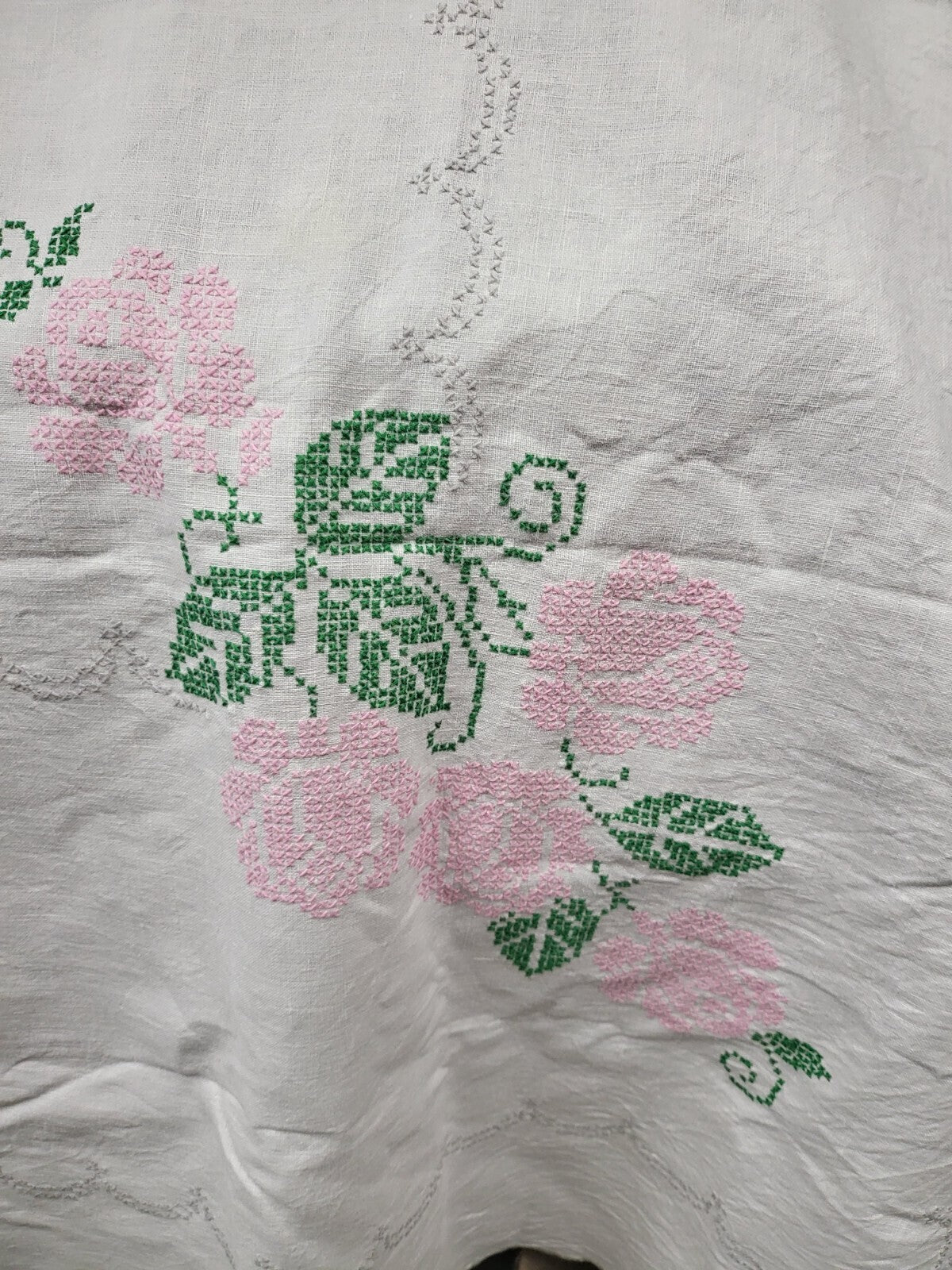 BIG Vintage Handmade Cross Stitched Tablecloth ~96 x 64" Rectangle Floral Design