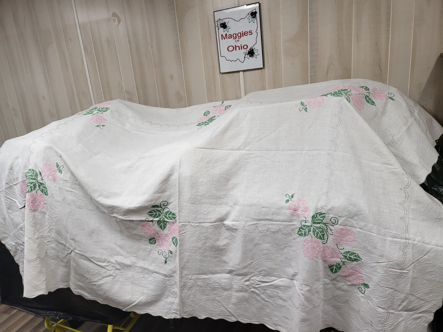 BIG Vintage Handmade Cross Stitched Tablecloth ~96 x 64" Rectangle Floral Design