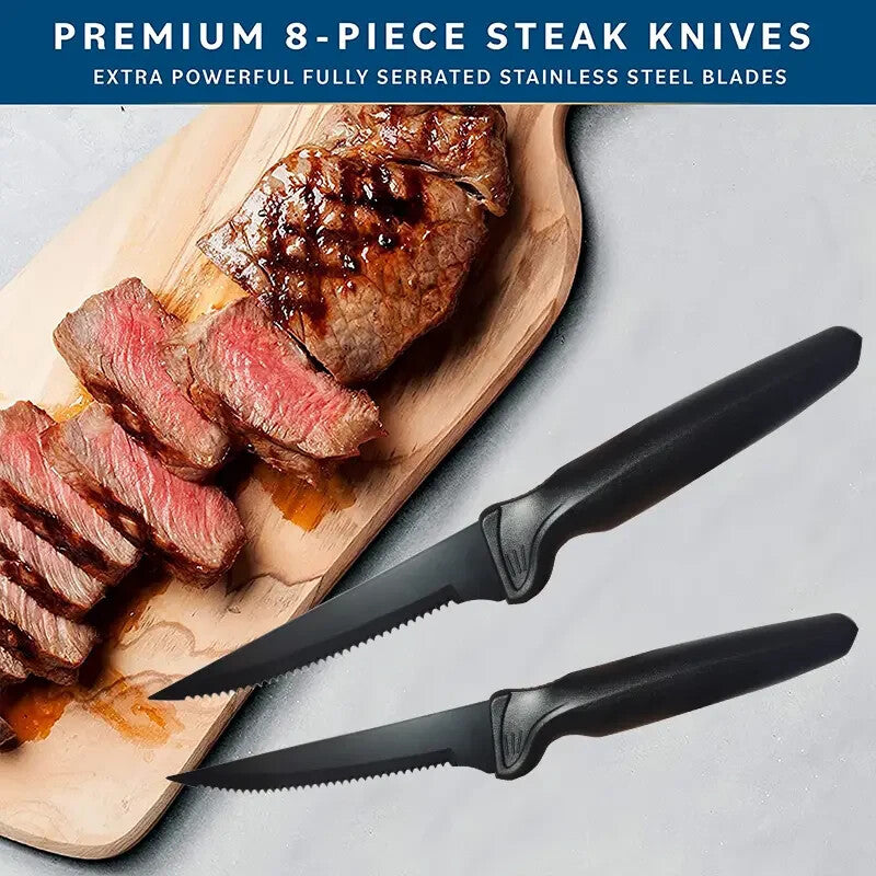 8 count Chef Knife Set 10" Black Stainless Steel Kitchen Steak Knives