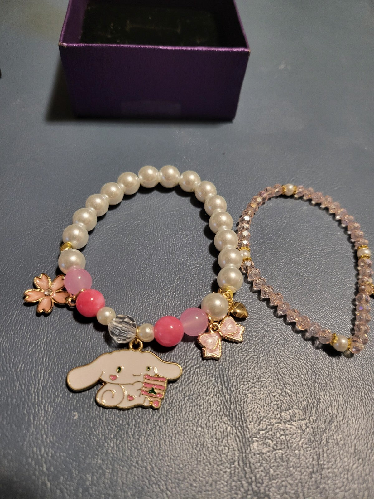 2 Bracelet Set Gold Pink & White Beads Dog + Charms 6" Stretch Handmade