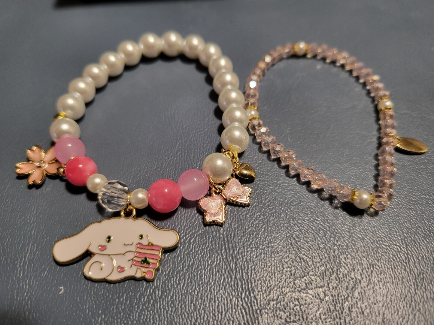 2 Bracelet Set Gold Pink & White Beads Dog + Charms 6" Stretch Handmade