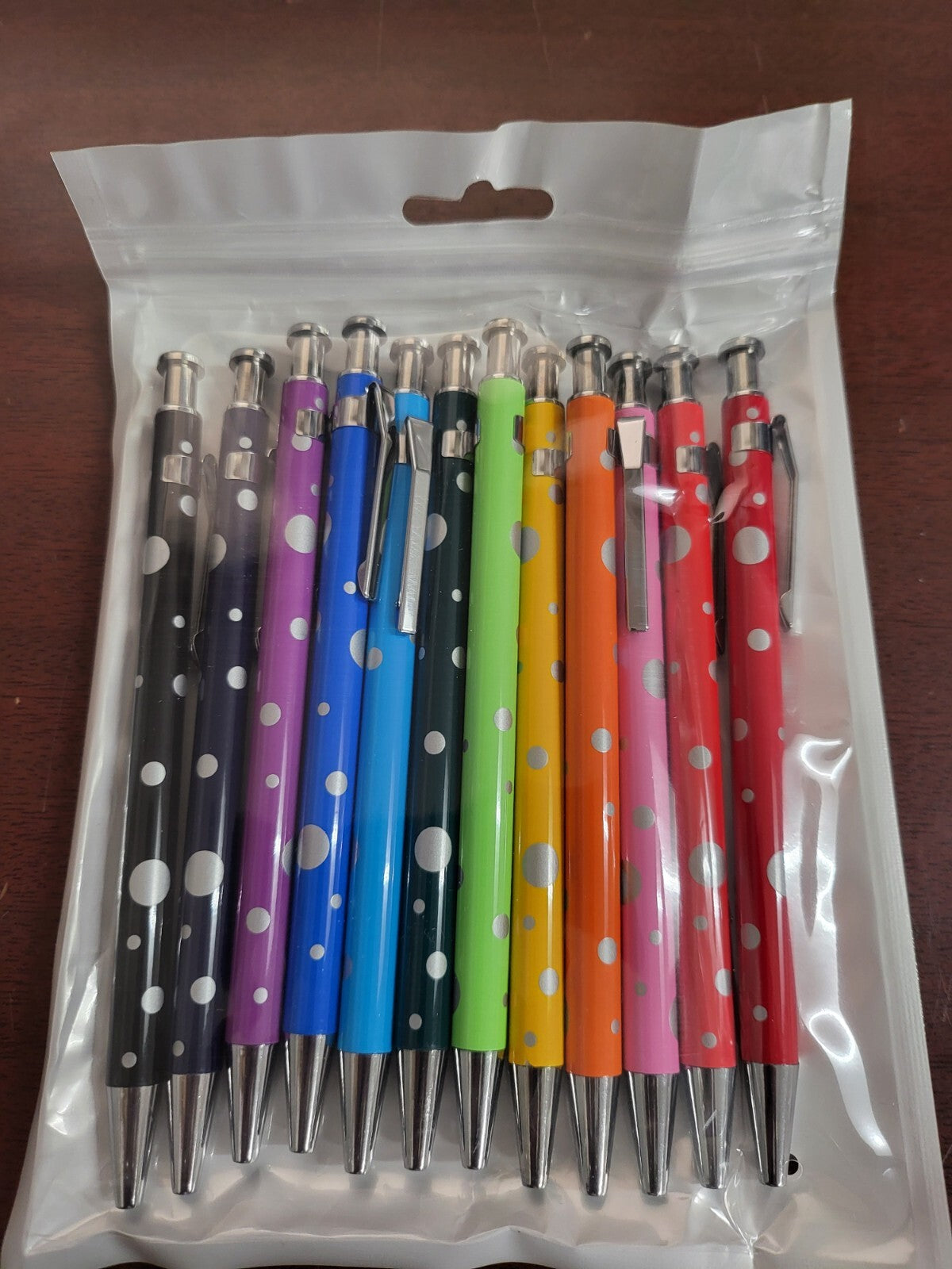 12 Click Ink Pens Black Ink Polka Dots Multicolor 5.5"