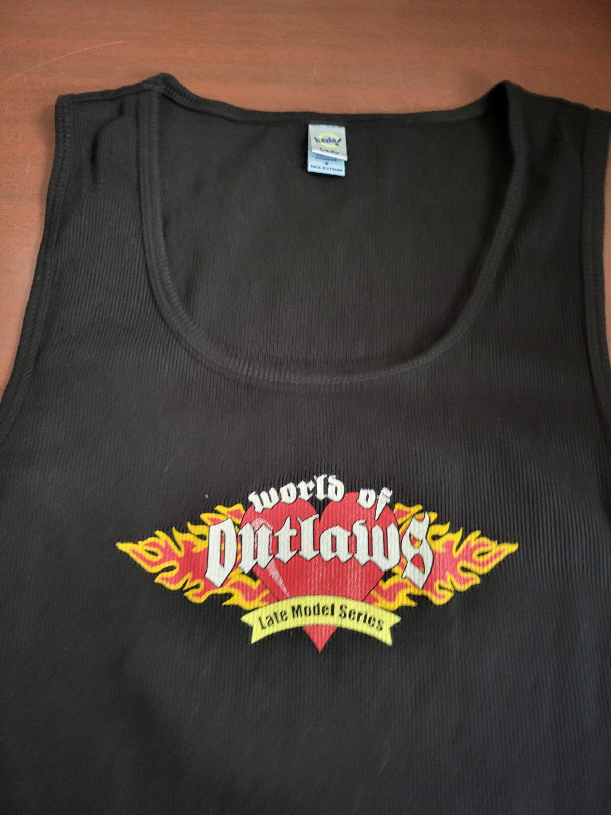 Ladies Tank Top WORLD OF OUTLAWS Black Ribbed size 2 Ch 14" 23" Kavio!