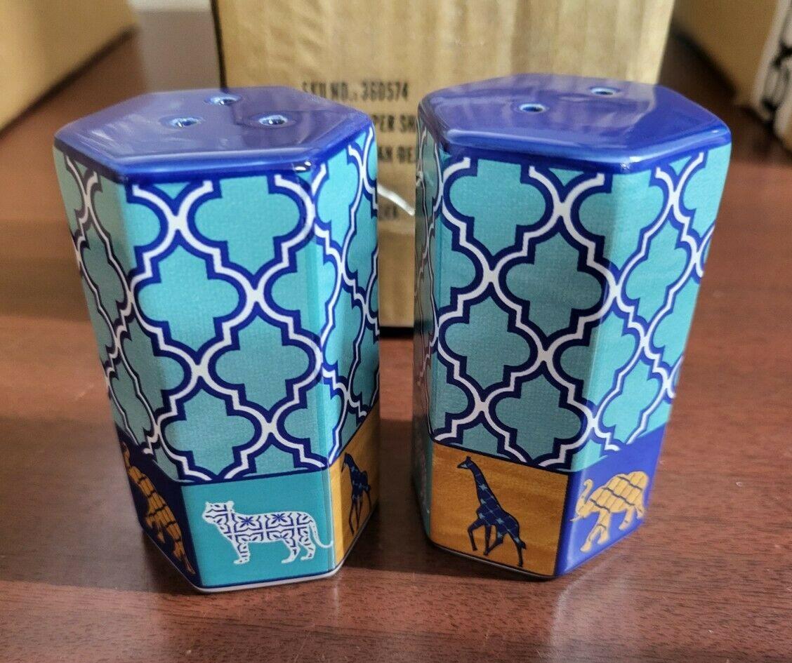 Salt & Pepper Shaker Set Stoneware Wild Animal Moroccan Design 3.25 x 1.75" NIOB
