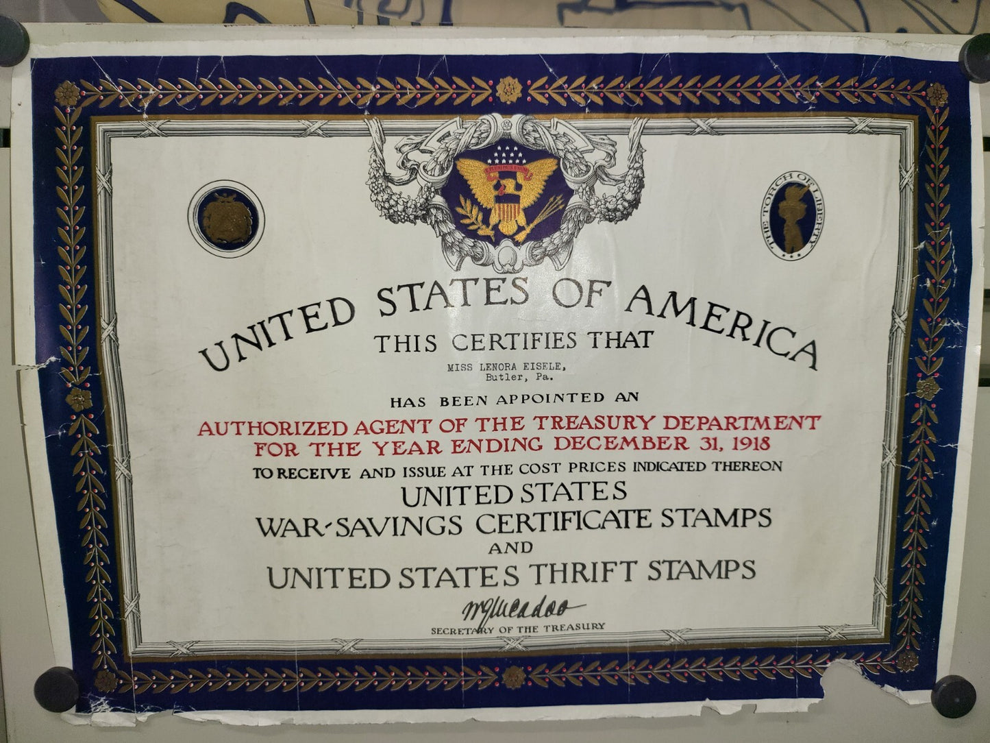 5 Antique Documents Lenora Eisele PA OH 1918 - 20 BOE US Treasury More