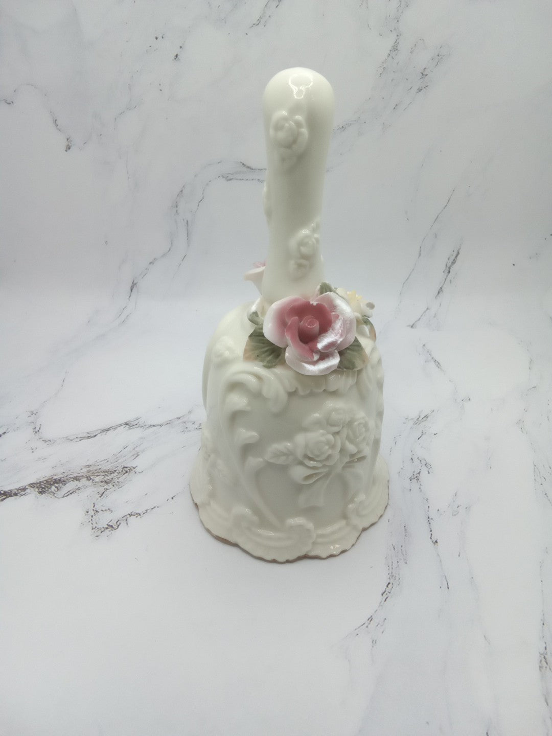 Porcelain Bell with Pink and Yellow Roses and Bouquets and Hearts Embossed