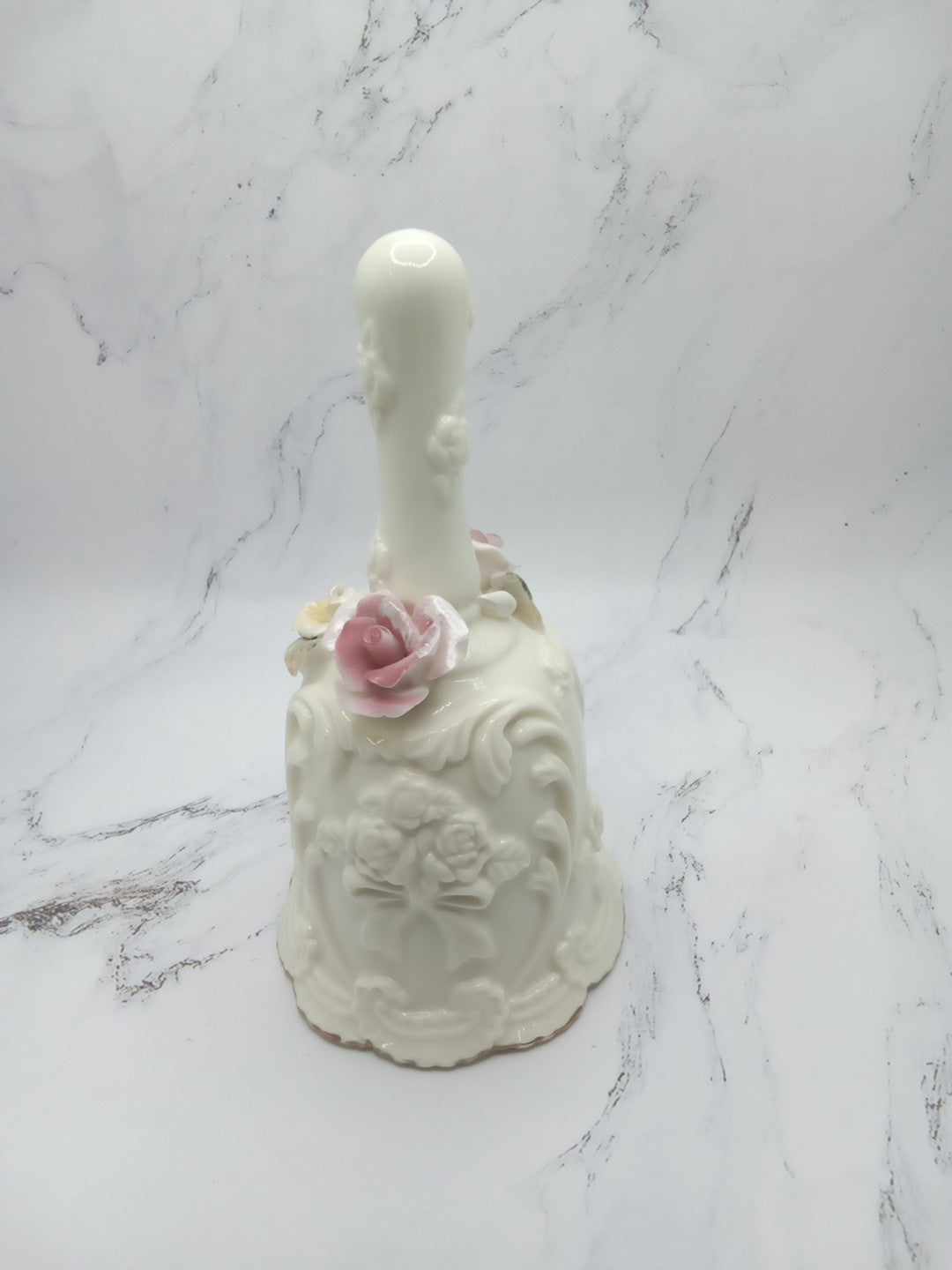 Porcelain Bell with Pink and Yellow Roses and Bouquets and Hearts Embossed