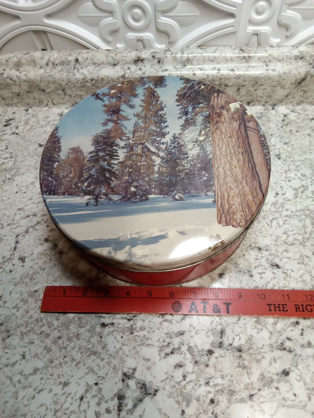 Vintage Cookie Tin Snow And Tree Scene