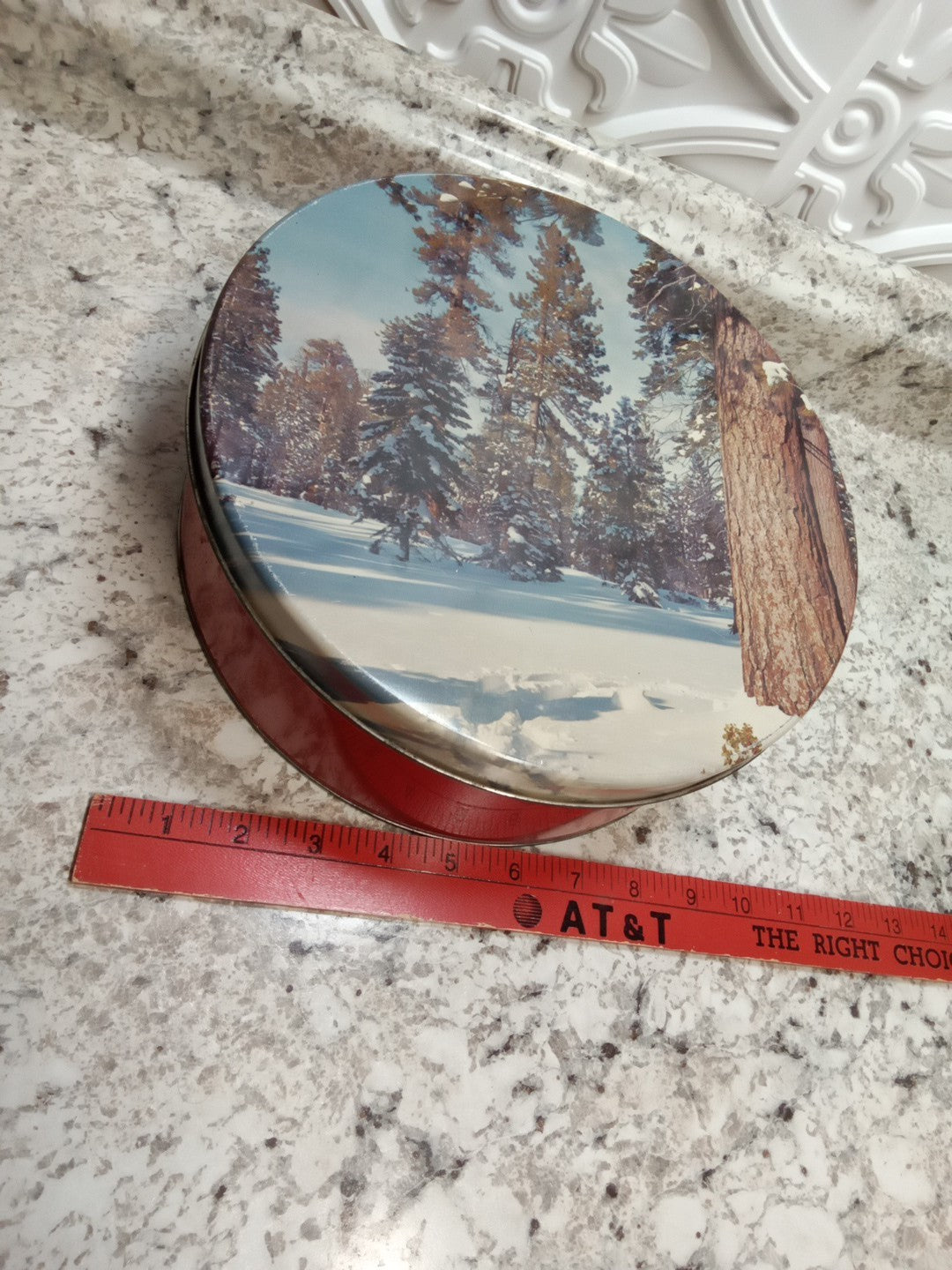 Vintage Cookie Tin Snow And Tree Scene