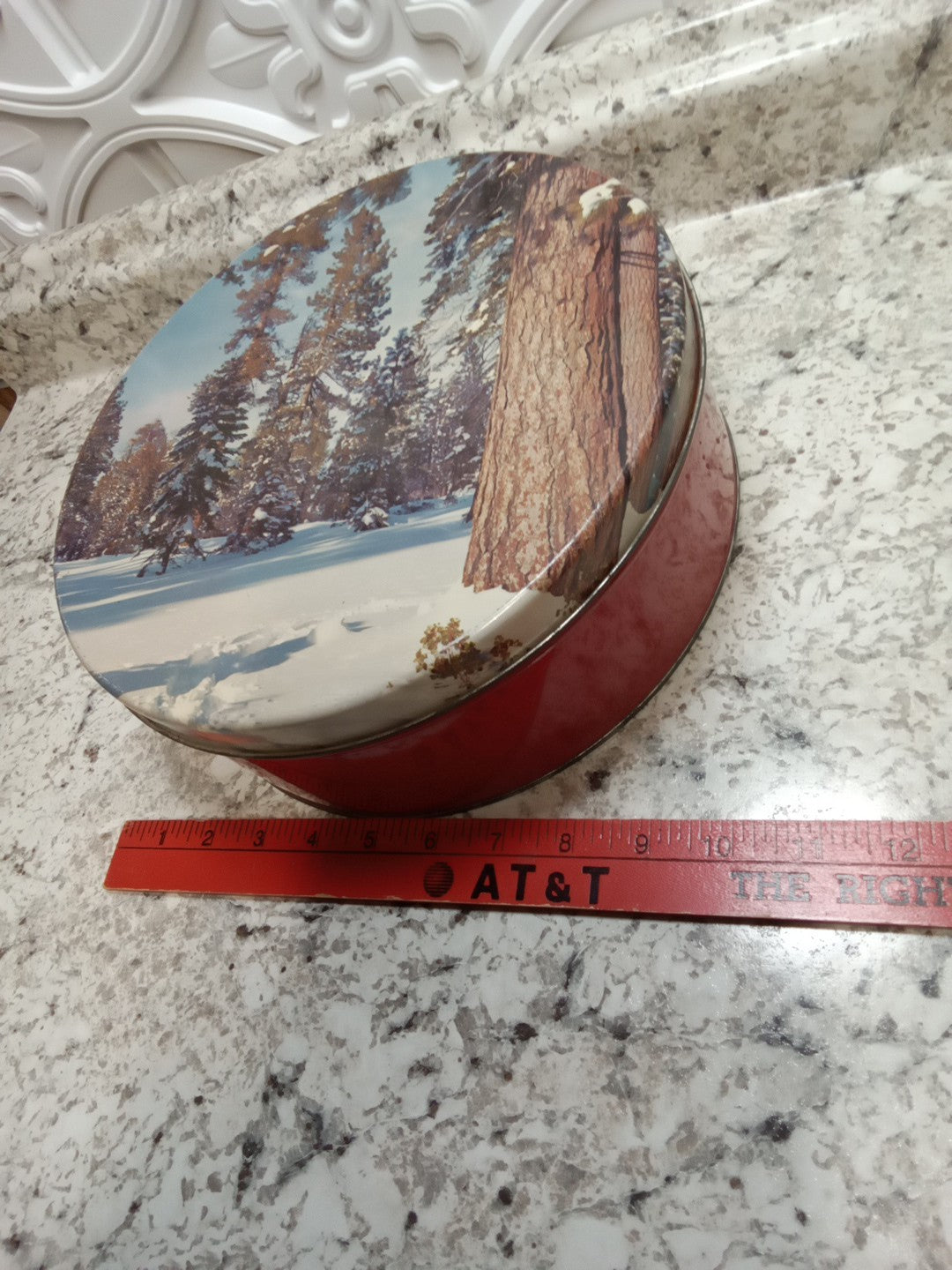 Vintage Cookie Tin Snow And Tree Scene
