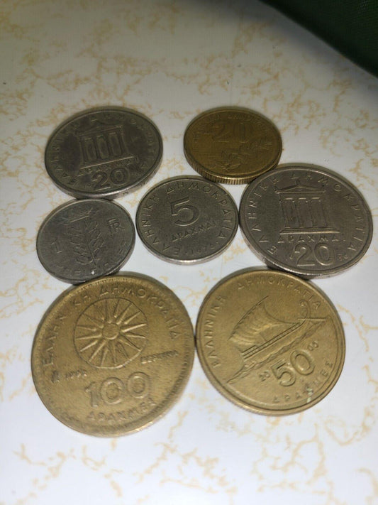7 Vintage Greek Drachma Coins Mixed Denomination Circulated Coins Currency  #214