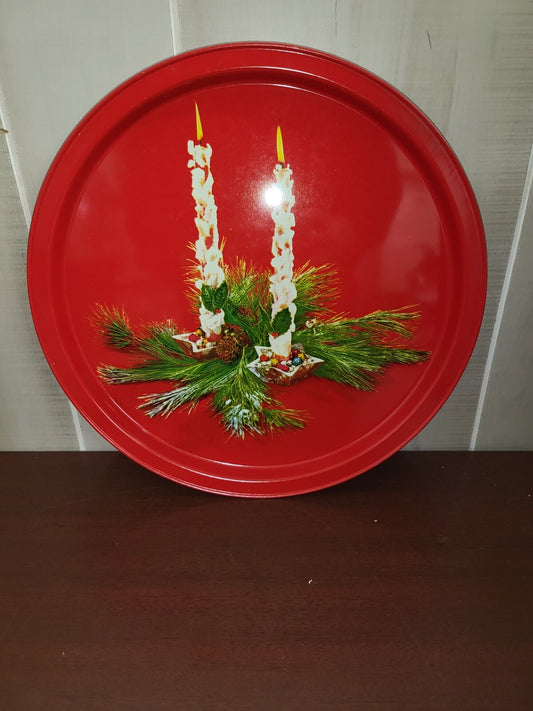 Vintage Mid Century Tin Holiday Candles Scene Metal Cookie Tray Décor 10.75"