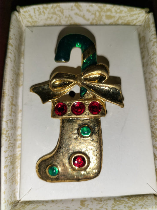 Vintage Pin 1980s Brooch Stocking ~2.25"H Goldtone  NOB NOS  #94