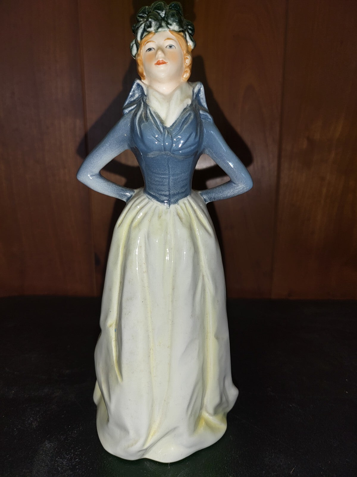 Figurine - Goebel Lady unnamed 8.5"H White & Blue Dress Flower Hat 16 287 21