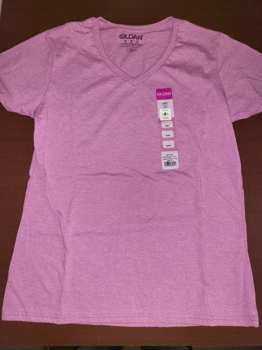 Gildan Ladies V-Neck Semi-Fitted T-Shirt Heather Radiant Orchid Pink size Medium