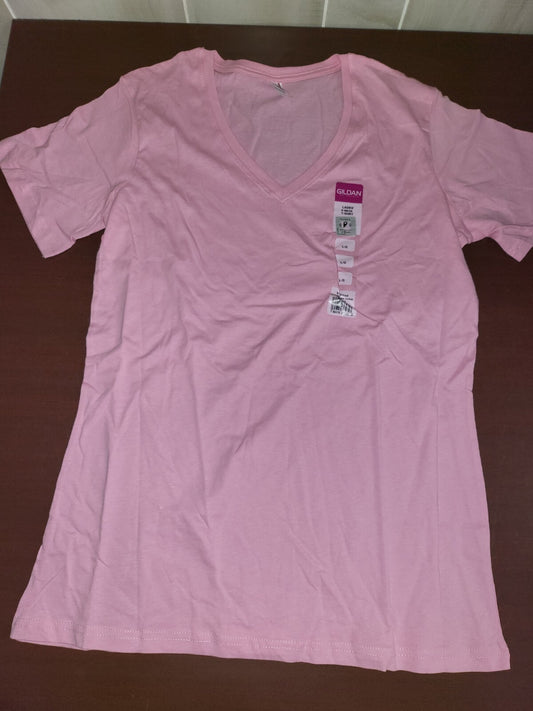 Gildan Ladies V-Neck Semi-Fitted T-Shirt Pink size LARGE Short Sleeve