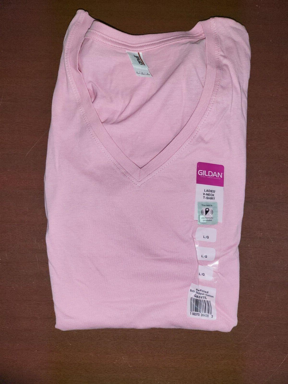 Gildan Ladies V-Neck Semi-Fitted T-Shirt Pink size LARGE Short Sleeve