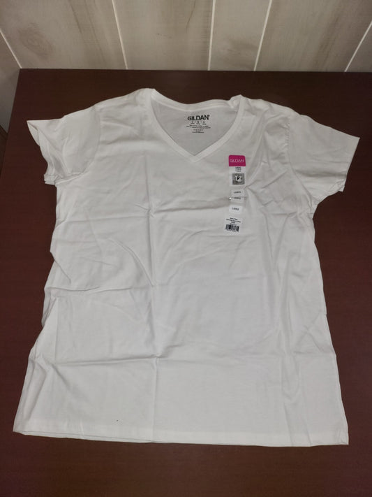 Gildan Ladies V-Neck Semi-Fitted T-Shirt Top  WHITE size LARGE  Cap Sleeve