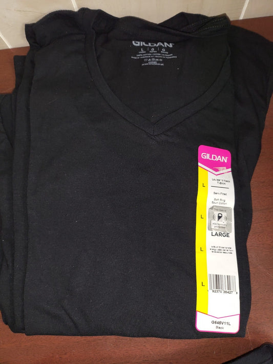 Gildan Ladies V-Neck Semi-Fitted T-Shirt Top  BLACK size LARGE  Cap Sleeve