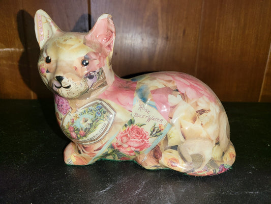 Figurine Ceramic Cat Paper French Perfume Patchwork Pattern Made in Canada C3011