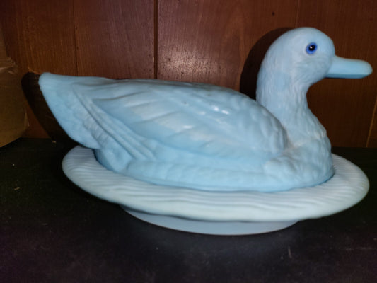 Figurine Duck Hen on Nest Blue Milk Glass 5H x 8.5"W tiny chip C3014