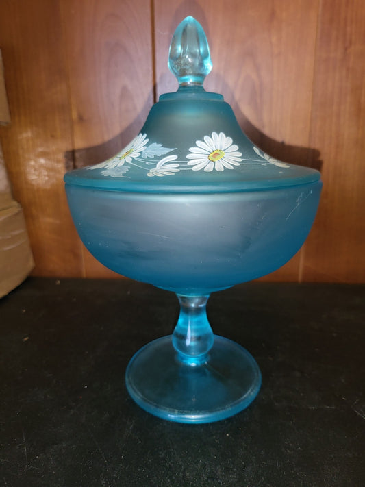 Figurine Fenton Candy Dish Blue Glass Painted White Flowers 9H x 6"W C3016
