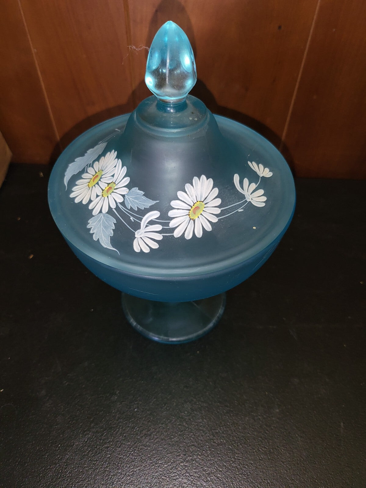 Figurine Fenton Candy Dish Blue Glass Painted White Flowers 9H x 6"W C3016