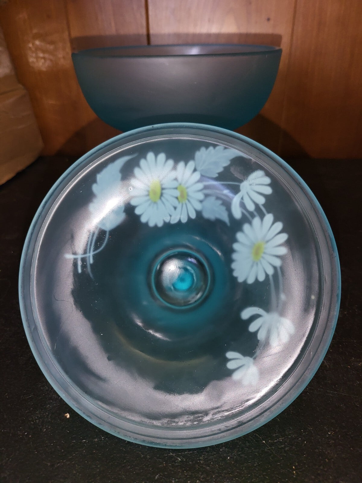 Figurine Fenton Candy Dish Blue Glass Painted White Flowers 9H x 6"W C3016