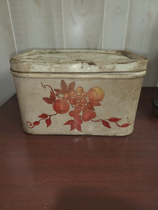 Vintage Metal Tin Bread Box Hinged Lid Fruit Image 8H x 13W x 10"D