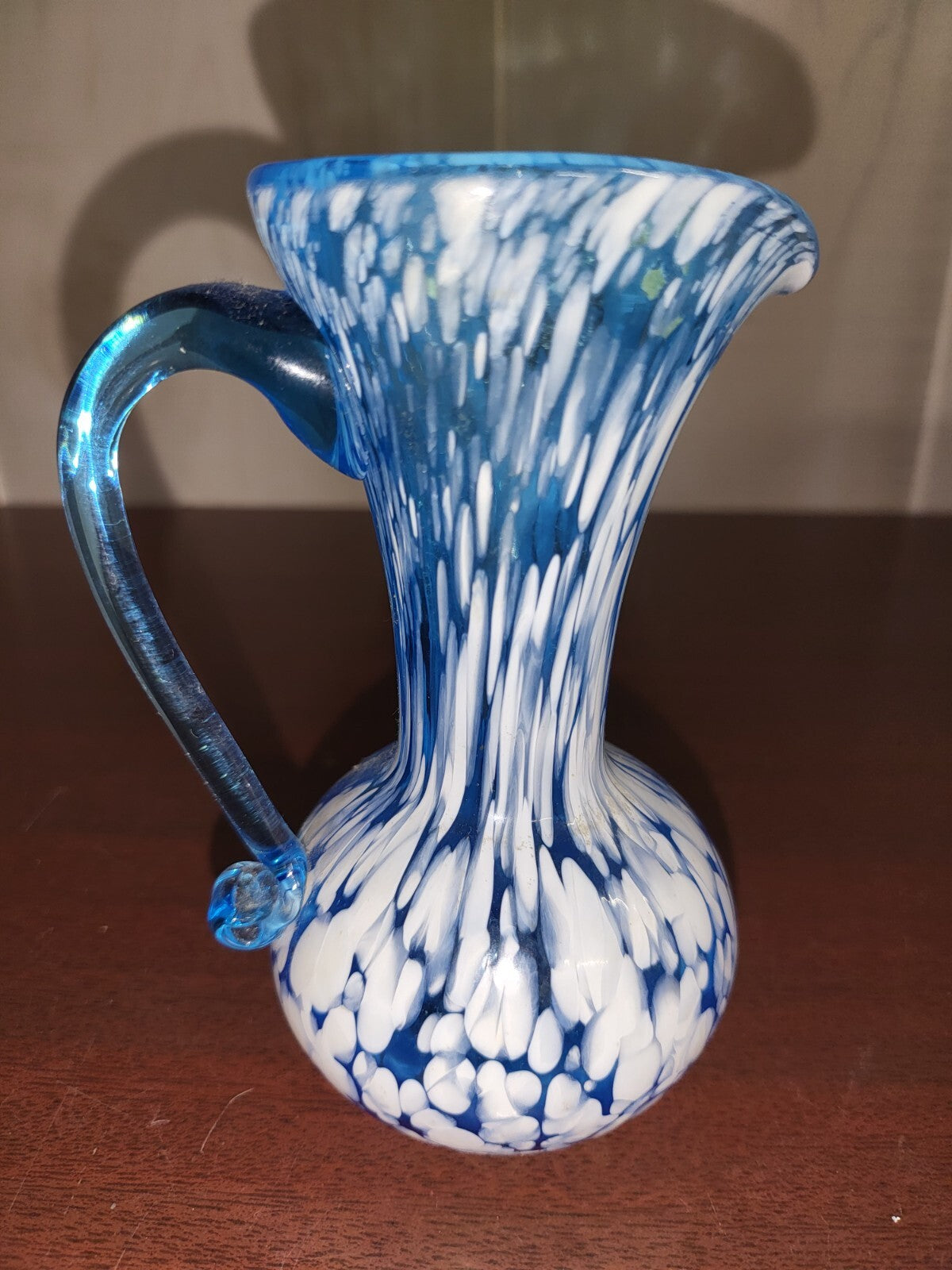 Fenton Blue Glass White Paint Swirl Pitcher / Vase 5H x 3"W #3075