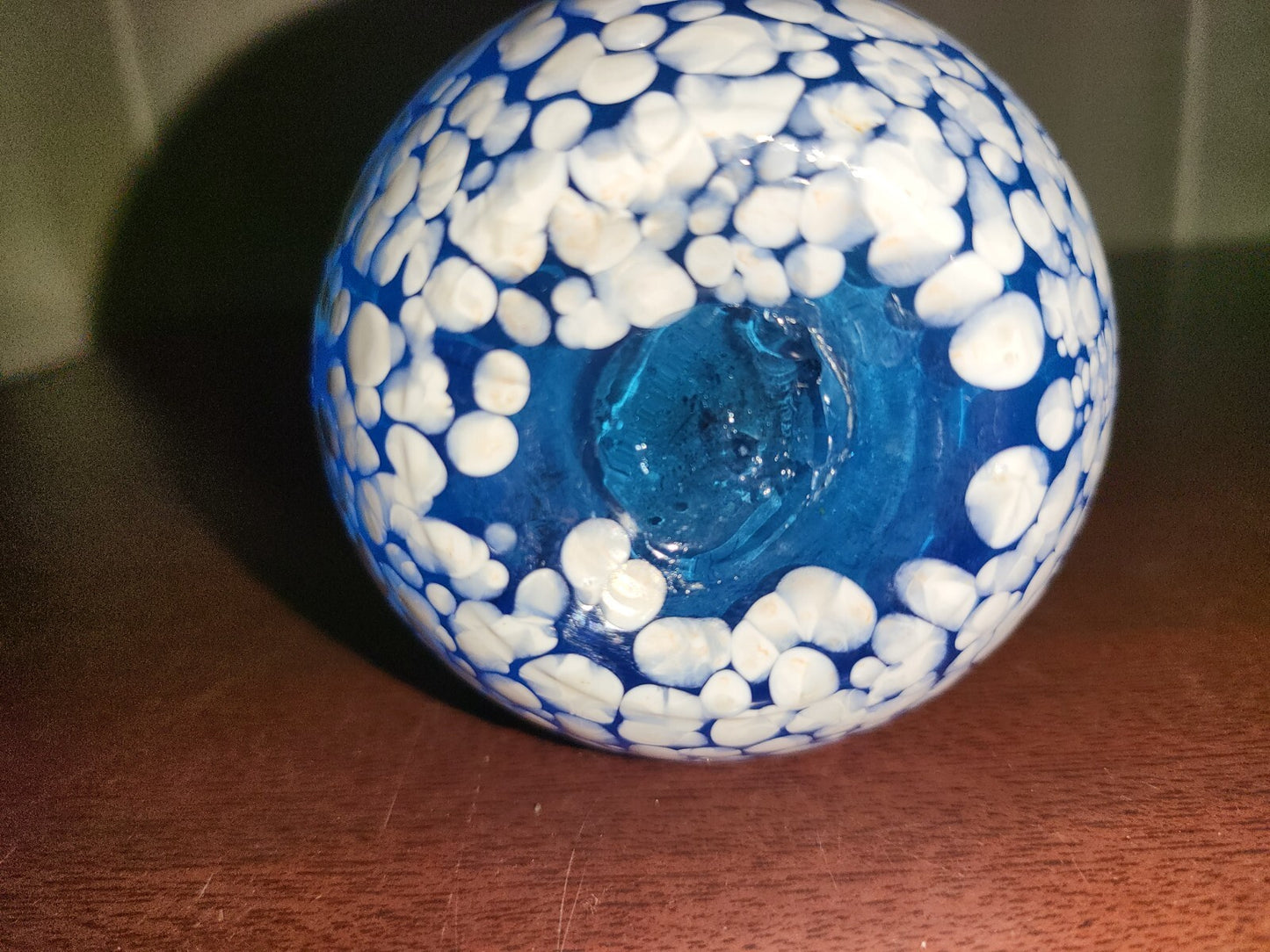 Fenton Blue Glass White Paint Swirl Pitcher / Vase 5H x 3"W #3075