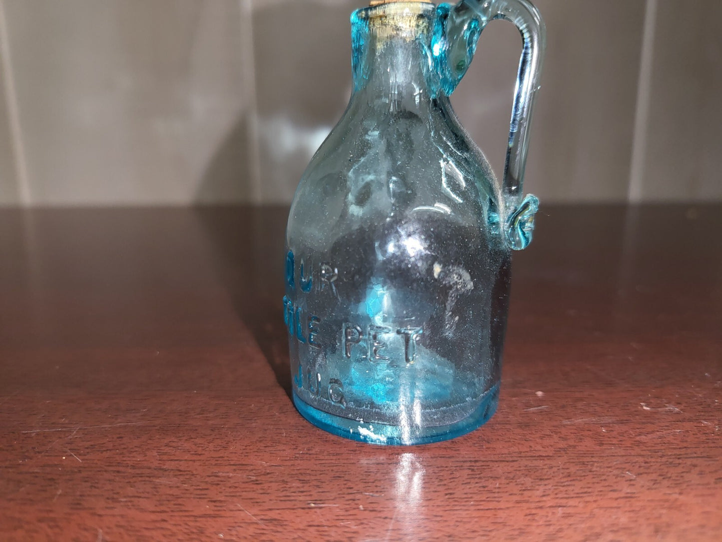 OUR LITTLE PET JUG 3" Blue Glass Pitcher with Handle & Cork #4123
