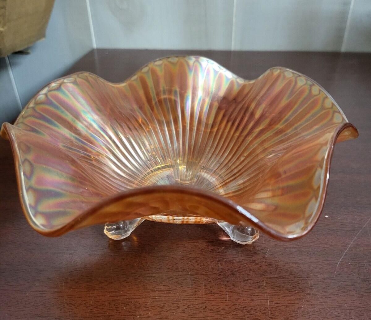 Orange Gold Iridescent Glass Bowl With Paw Feet 7.5W x 3"H   #4131