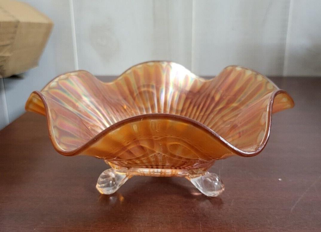 Orange Gold Iridescent Glass Bowl With Paw Feet 7.5W x 3"H   #4131