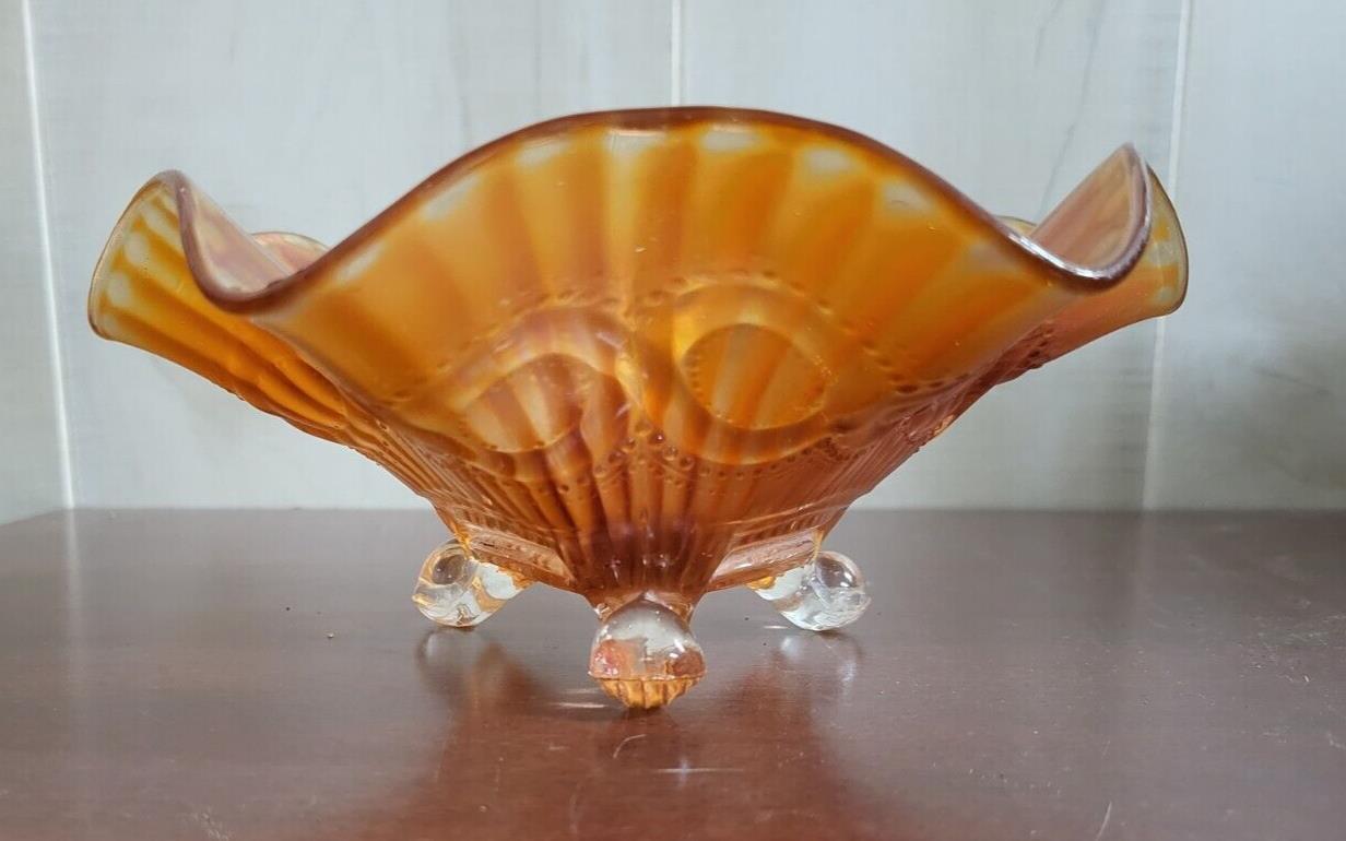 Orange Gold Iridescent Glass Bowl With Paw Feet 7.5W x 3"H   #4131