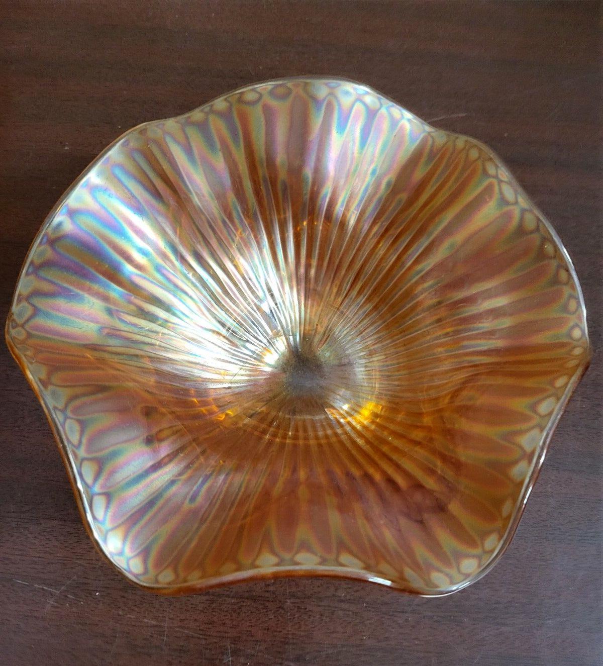 Orange Gold Iridescent Glass Bowl With Paw Feet 7.5W x 3"H   #4131