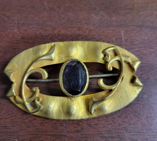 Vintage Pin Brooch With Large Purple Stone 2.5"W #191 Stone is chipped
