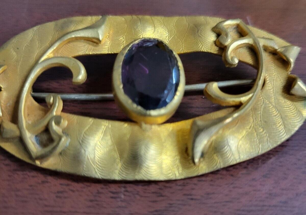 Vintage Pin Brooch With Large Purple Stone 2.5"W #191 Stone is chipped