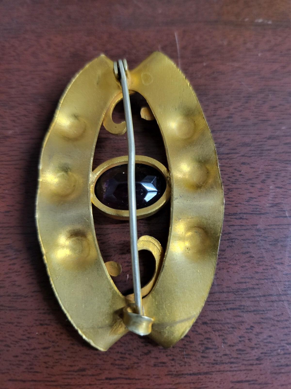 Vintage Pin Brooch With Large Purple Stone 2.5"W #191 Stone is chipped