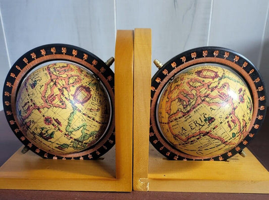 Spinning Globe Book Ends 5.25W x 3.25D x 5.75"H Wood Base Geographic Model K2890