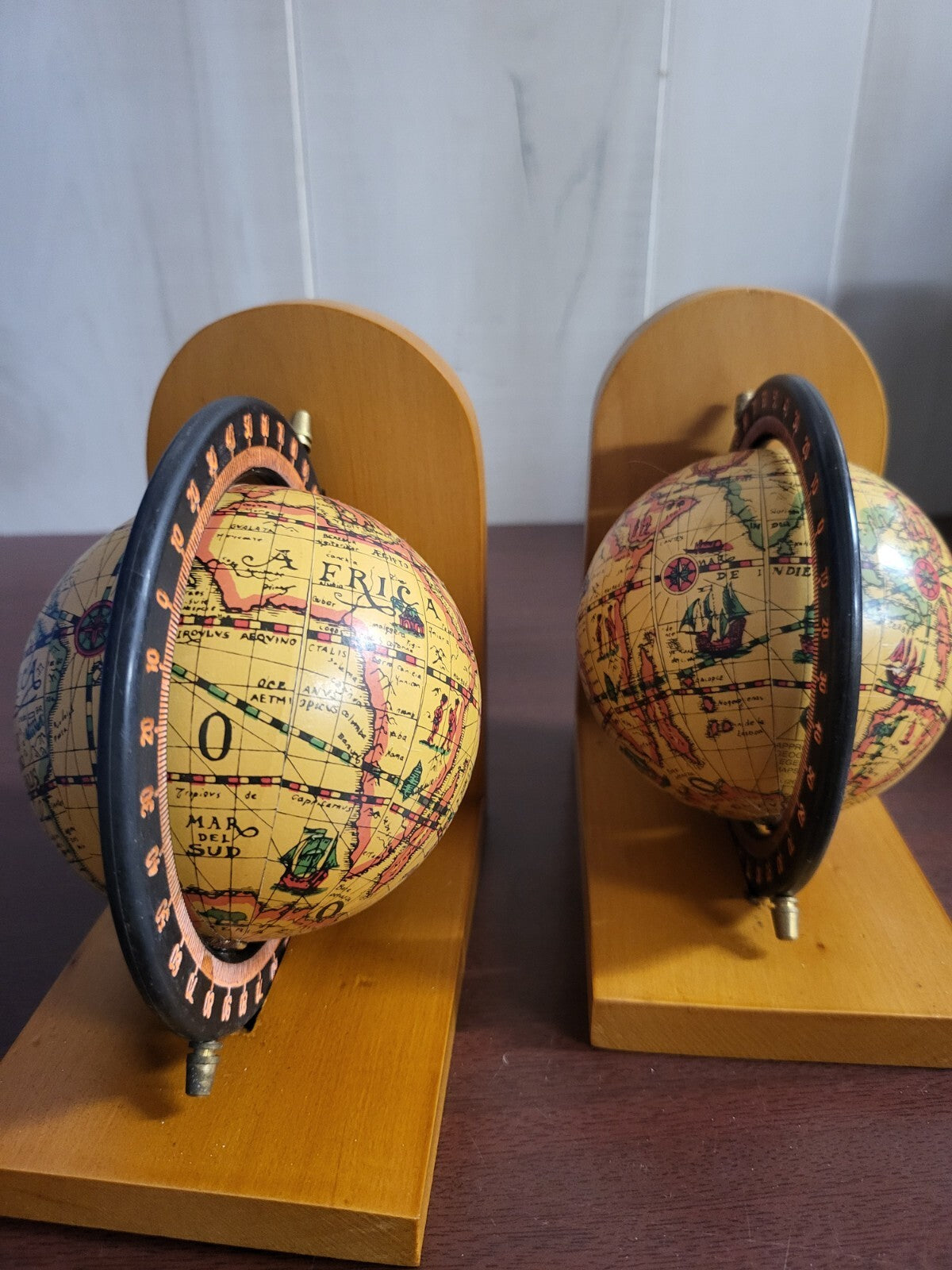 Spinning Globe Book Ends 5.25W x 3.25D x 5.75"H Wood Base Geographic Model K2890