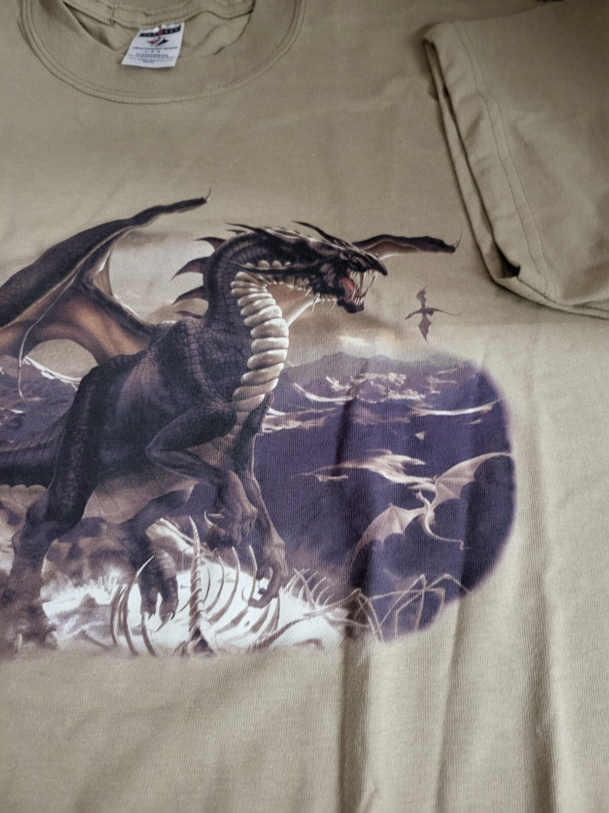 Adult Novelty T-Shirt Dragons LARGE Tan  Short Sleeve Crew Neck Jerzees Heavywei