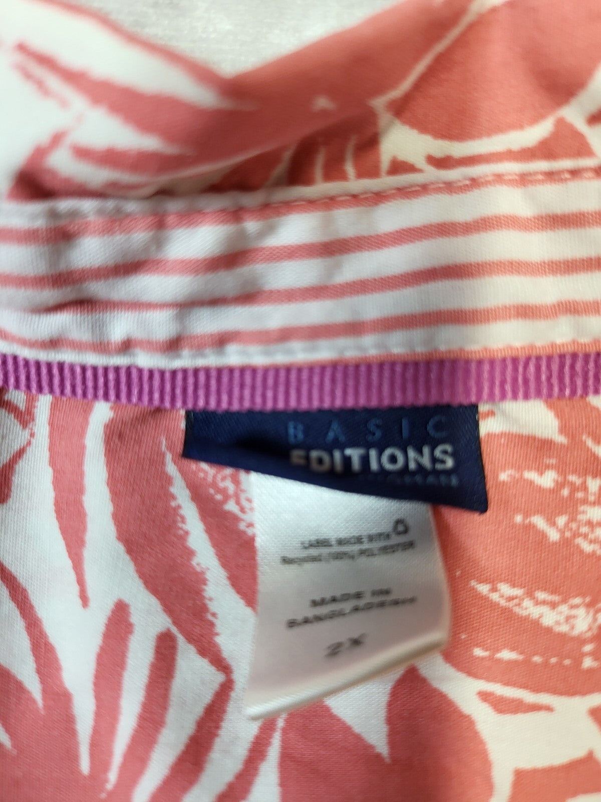 Ladies Blouse  2X Pink Floral Button Front Basic Editions  Sh 17" Ch 25"