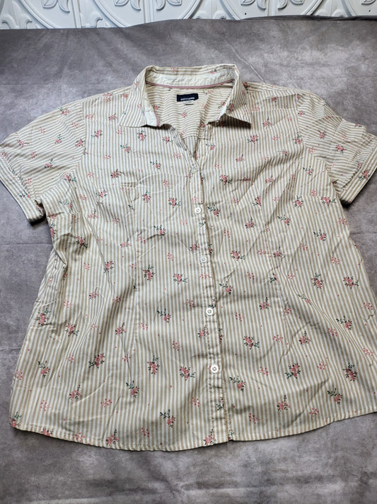 Ladies Blouse  XXL Tan Pink Floral Button Front Basic Editions  Sh 18" Ch 24" L