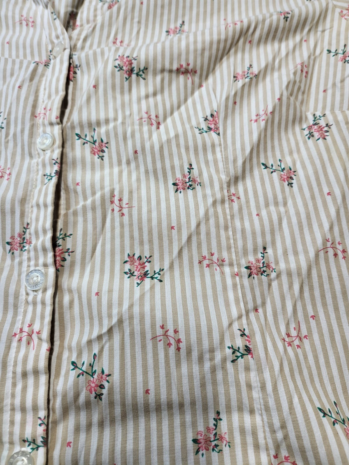 Ladies Blouse  XXL Tan Pink Floral Button Front Basic Editions  Sh 18" Ch 24" L