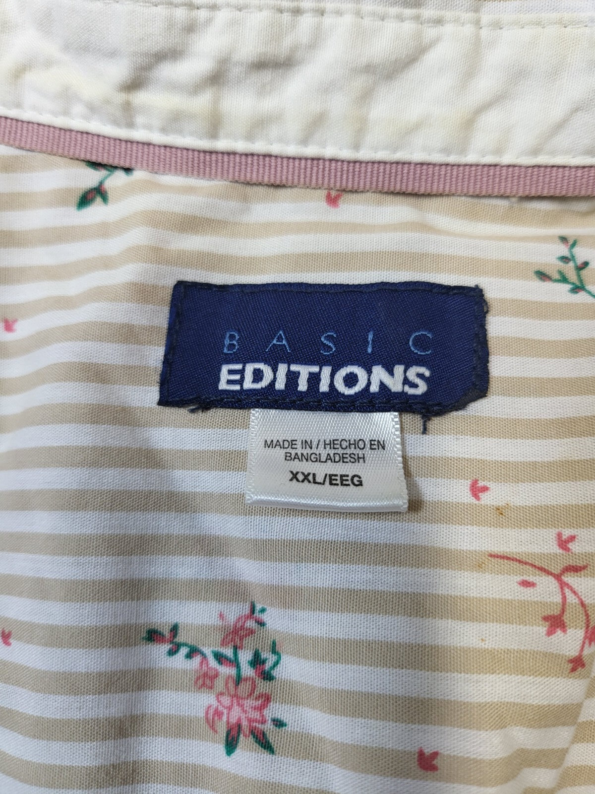 Ladies Blouse  XXL Tan Pink Floral Button Front Basic Editions  Sh 18" Ch 24" L