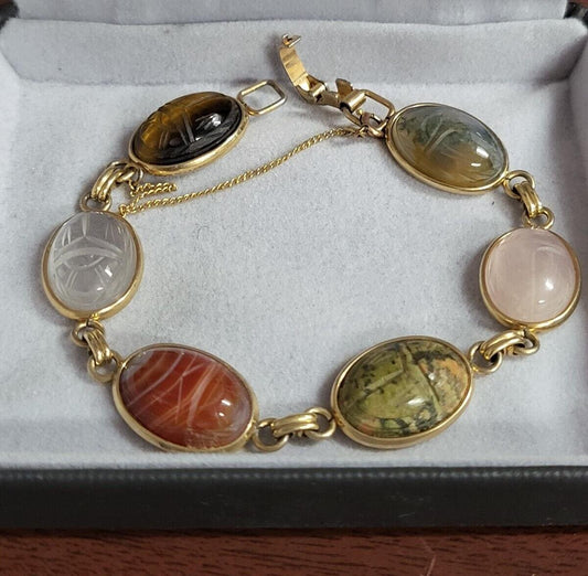 Krementz Bracelet 7" 18kt Gold plate Multicolor Natural Stones Etched Scarabs