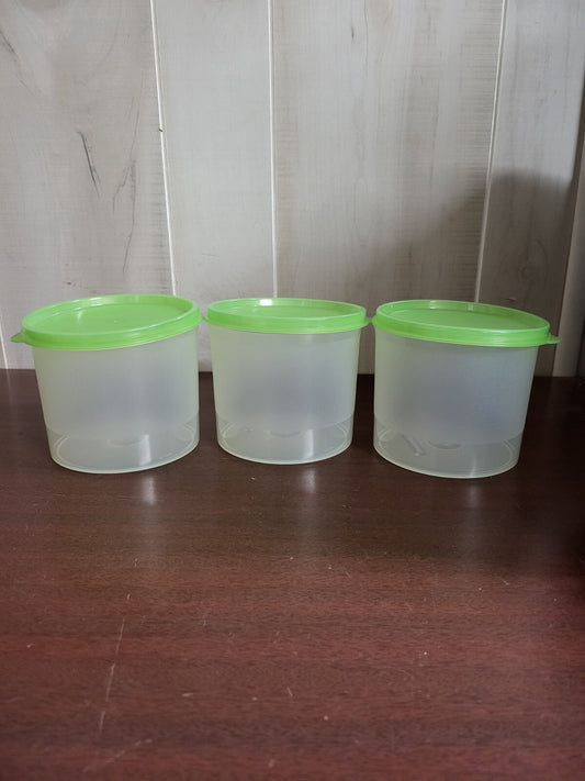 Tupperware 3 Storage Container Bowls & Lids #250 Clear & Green ~4 x 3.5"ea