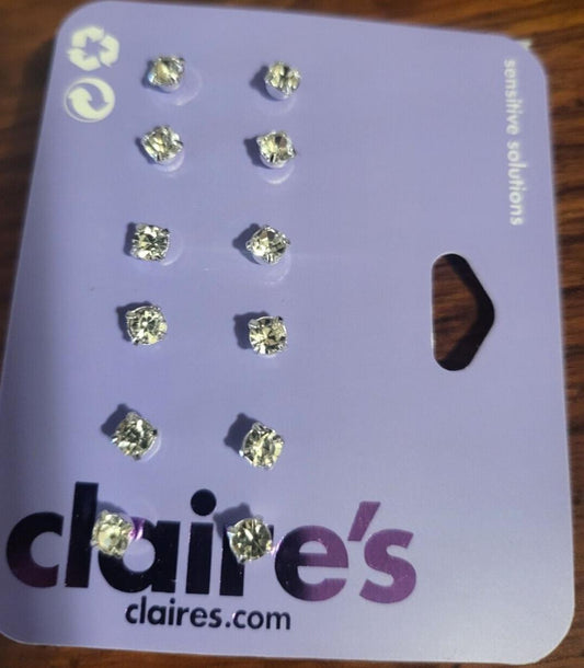 Claire's Pierced Earrings 6 Pair Clear Sparkle Stones ~1/8" Sensitive Solutions