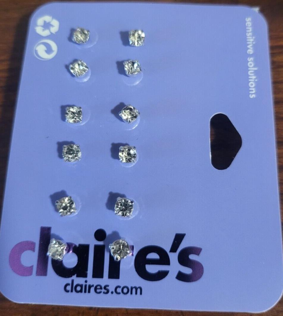 Claire's Pierced Earrings 6 Pair Clear Sparkle Stones ~1/8" Sensitive Solutions